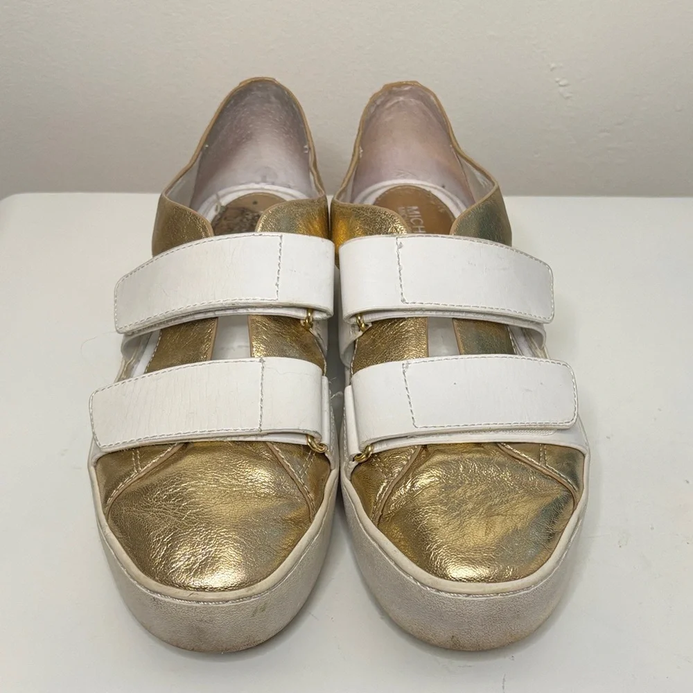 Michael Kors Beckett Velcro Cut-Out Leather Sneakers White Gold Size 7